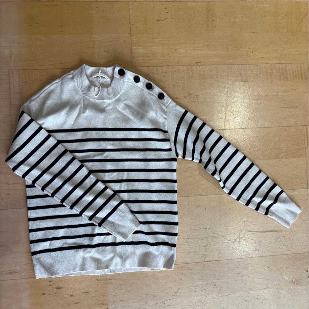 Everlane White and Black Striped Sweater